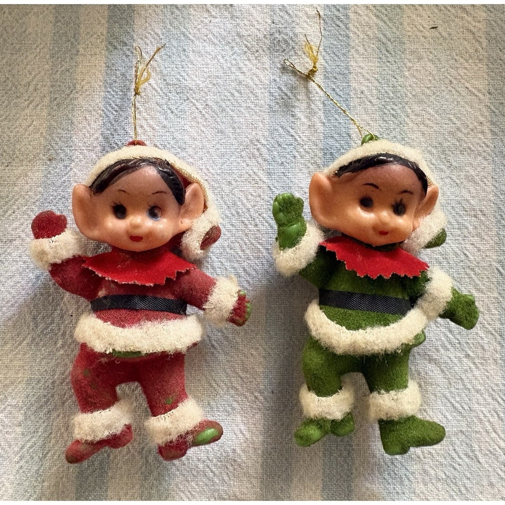 VTG Pixie Elf Hanging Ornament Pair Dancing Elves 1950's Flocked Red &‎ Green